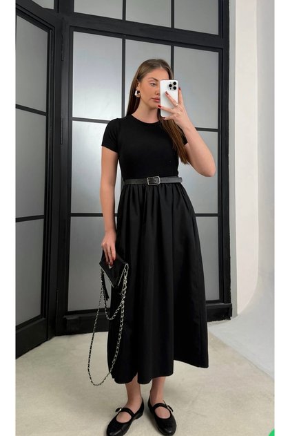 Women's Black Belt Detailed Midi Dress