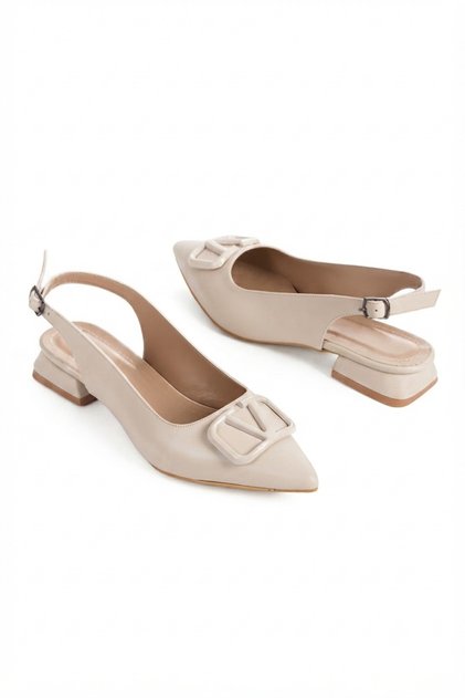 333 Beige Buckle Detailed Comfortable Women's Short Heeled Shoes