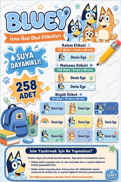 Okul Etiketi Kalem Defter isimli Etiket Isim Yazılabilen Bluey Temalı - 258 Adet Özel Yeni Tasarım