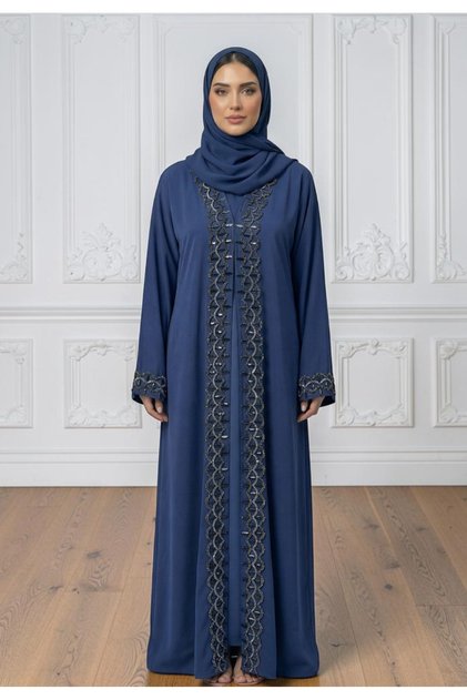 Navy Blue Elegance: Two-Piece Embellished Abaya Set | Nida Fabric-2P865