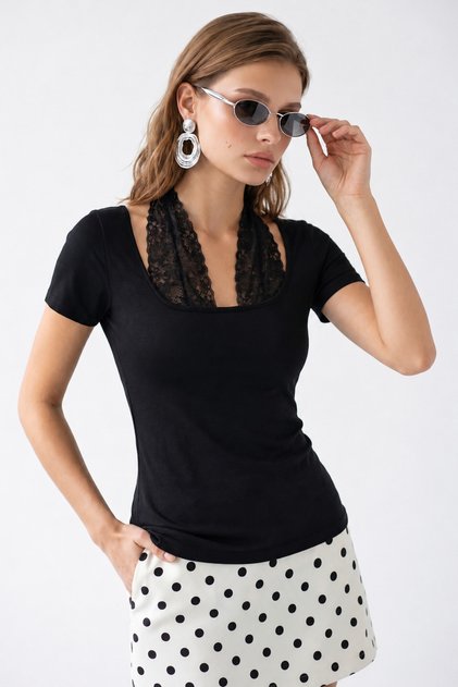 2178 Women's Lace Collar Detailed Neck Tie Short Sleeve Blouse Black