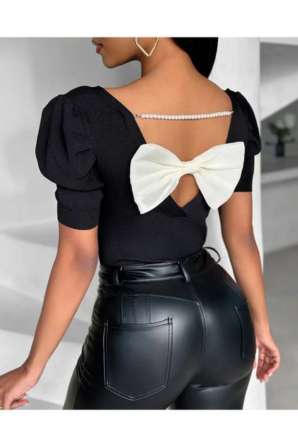 Women's Short Sleeve Back Pearl and Ribbon Detail Watermelon Sleeve Native Crepe Blouse. 109 Pieces Standard Size Back