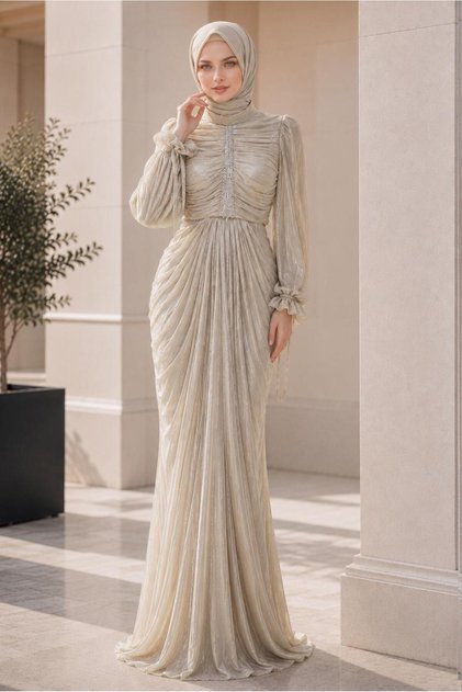 KADIN BEJ DRAPELİ ABİYE ELBİSE T 9325