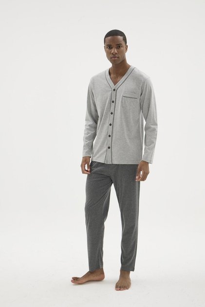 Men's Gray Melange V-Neck Buttoned Front Pajama Set C7T6N29