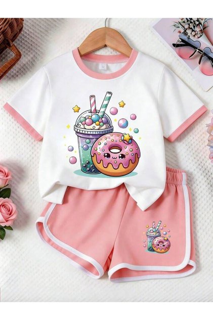 Girl's Pink Ribbed White T-Shirt with Donut and Drink Print - Pink Ribbed Shorts Set