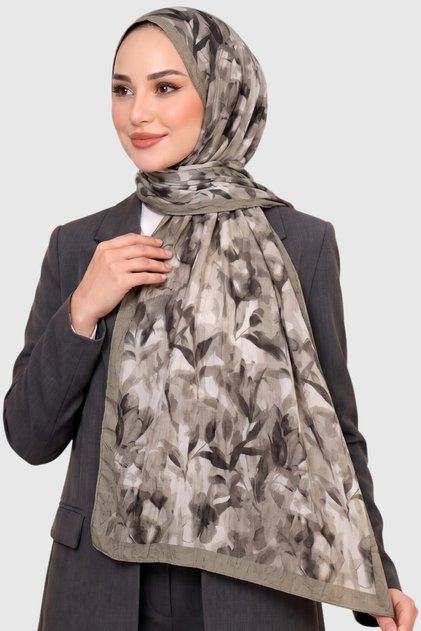 Stone Color Leaf Patterned Bamboo Crush Shawl - Wrinkled Textured Casual Shawl