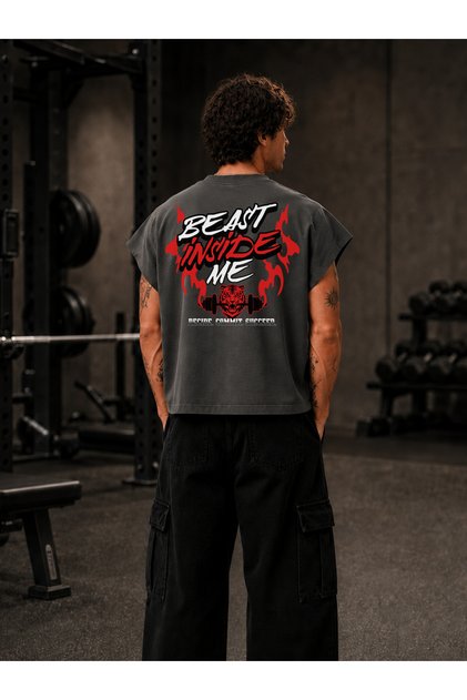 Gym Sporter Beast Inside Me Printed Oversize Worker Boxy Fit Sleeveless Crew Neck T-Shirt