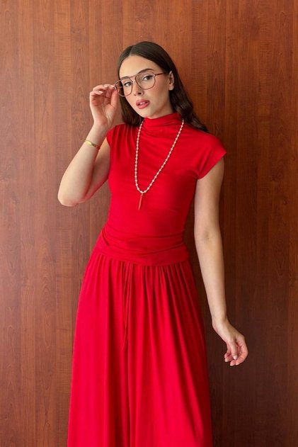 Red Viscose T-Sleeve Blouse