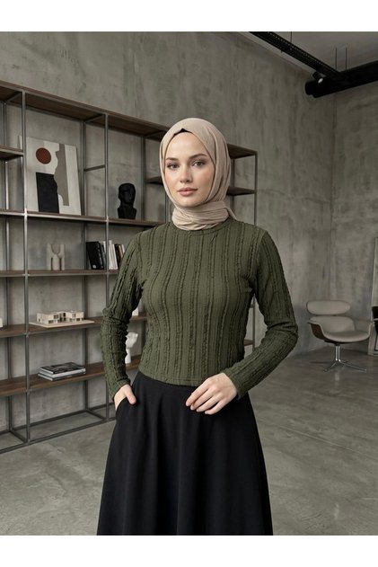 Crew Neck Ruffle Blouse-Khaki