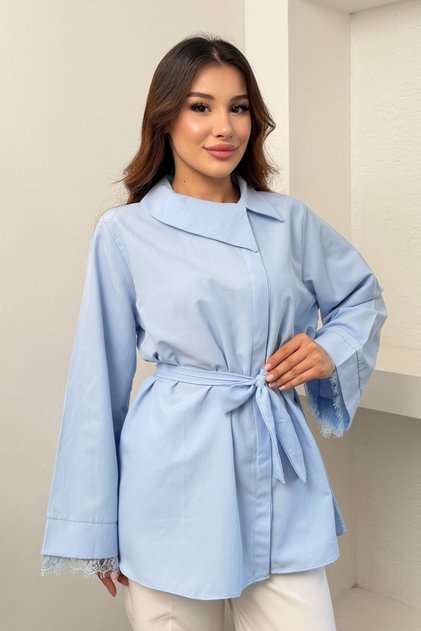 Women's Belted Oversize Shirt with Wide Collar and Lace Cuff Detail, Long Sleeve Stylish Tunic Shirt