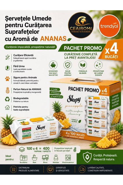 PROMOTIE 4 BUC Șervețele Umede pentru Curățarea Suprafețelor – Aromă de Ananas | 100 Șervețele