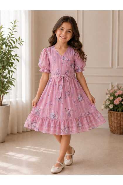 Girl's Chiffon Floral Patterned V-Neck Dress with Waist Belt