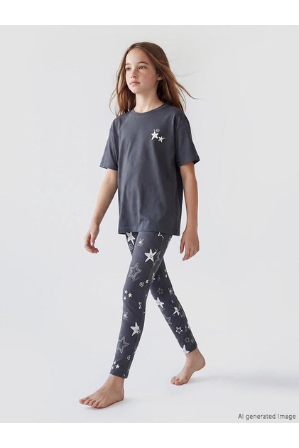 Crew Neck Patterned Girls' Pajama Set (S6)
