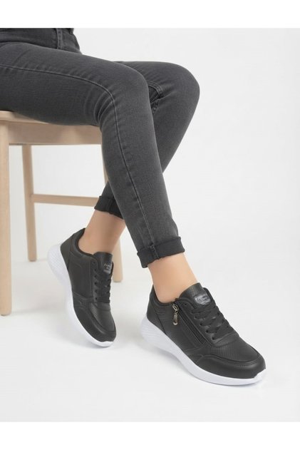 Women's Zippered and Laced Non-Yellowing Sole Sneaker Shoes-Black White