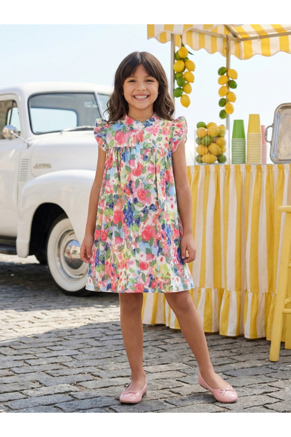 Globus Girls Multi Color Boat Neck Flutter Sleeves Floral Print Fit & Flare Mini Dress