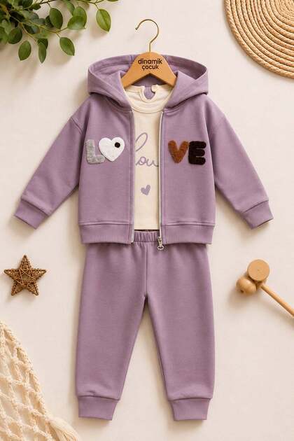 Baby Girl Love Embroidered Hooded Cardigan 3-Piece Top and Bottom Thin Seasonal Set 3-18 Months
