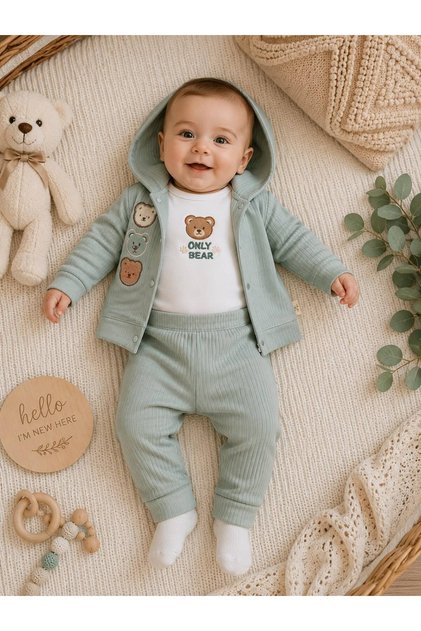 Baby Boy 3-Piece Teddy Bear Embroidered Set Hooded Cardigan Body Pants 100% Cotton