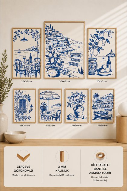 7-Frame View of the Mediterranean | Lemon | Olive | Modern | Italian & Mediterranean Style | Living Room, Office, Kitchen and Study Room Wall Decor
