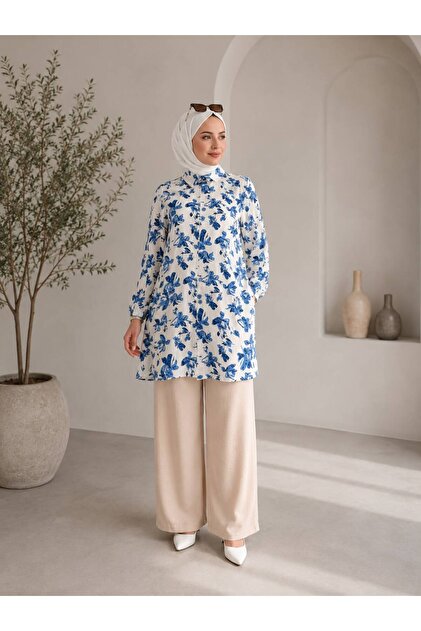 Women's Tunic Pants Suit in Viscose Fabric with Shirt Collar