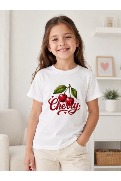 Girl's Cherry Printed Crew Neck Short Sleeve T-Shirt