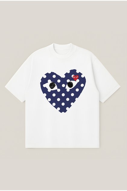Comme Des Garçons Blue Heart Printed Oversize Boxy Cut Unisex Breathable 100% Cotton Tshirt