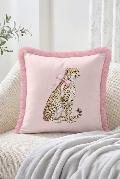 Bowknot Cheetah Figure Fringed-Tasseled Throw Pillow Cover Decorative Pillowcase and Modern Living Room Style