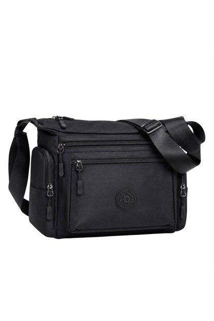 Black Women's Waterproof Crinkle Fabric 6-Compartment Medium Size Postman Shoulder Bag with Zippered Sides
