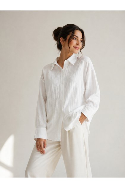 Women's White Seersucker Textured Shirt Oversize Relaxed Fit Long Sleeve Stylish & Casual