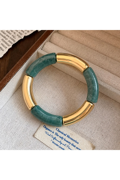 Green Marble Patterned Gold Color Geometric Segmented Bohemian Vintage Thick Women's Bracelet Zarax Model