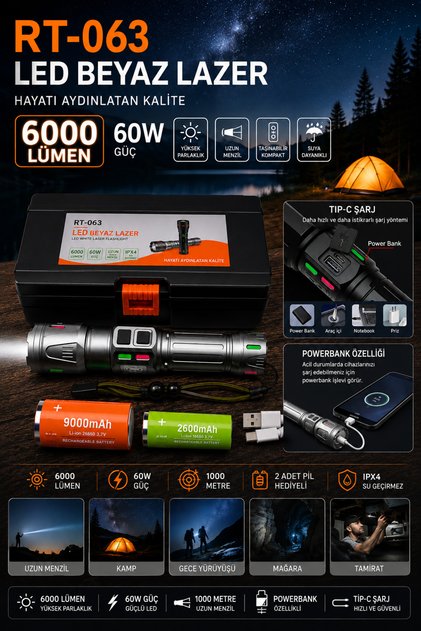 RT-063 B Beyaz Lazer Taktik El Feneri - 60W, 6000 Lümen (Full Yedek Pil Paketi)