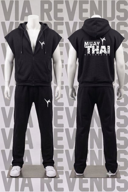 Muay Thai Front and Back Printed Sleeveless Zipper Hooded 3 Thread Raising Thread Tracksuit Set