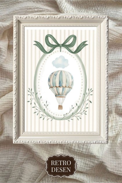 Çerçeveli Vintage Çocuk Odası Tablosu, Bebek Odası Tablosu, Çocuk Odası Duvar Dekoru Balon (00128)