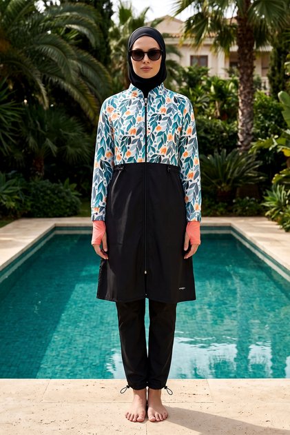 Leaf Patterned Parachute Full Covered Hijab Swimsuit 2322 Pera Green