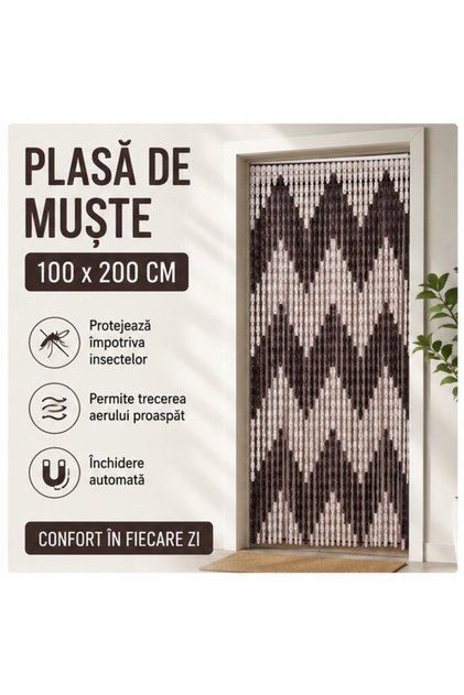Perdea anti-insecte 90x200 cm, model bambus maro-bej - set 1 bucata
