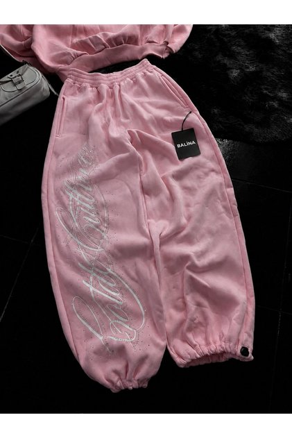 Pembe Angel Taşlı Baggy Unisex Eşofman Altı
