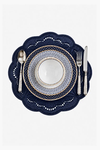 Embroidered Leather American Service Set of 2 Double-Sided Round Supla Enzo 43X43 cm Navy Blue