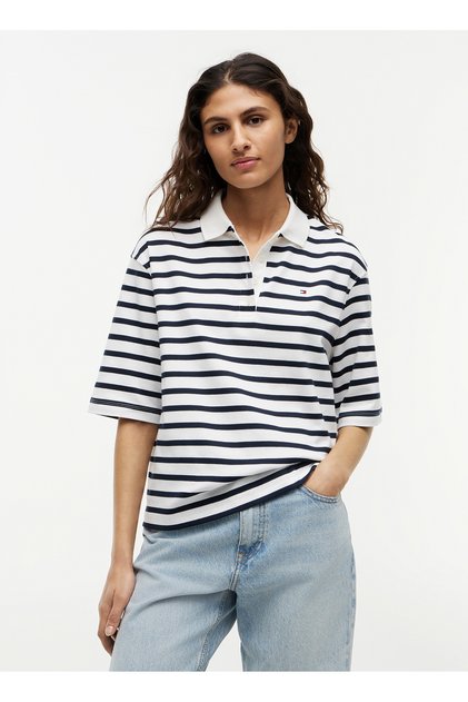 Beyaz Kadın Çizgili Polo T-Shirt WW0WW499710A9