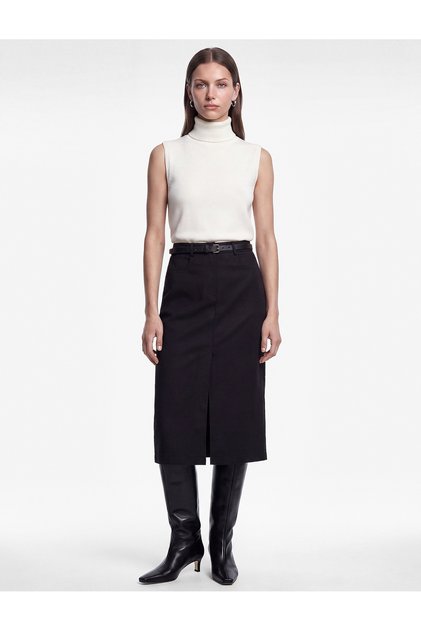 Belted, Pocketed, Slit, Comfortable Fit Cotton Pencil Skirt
