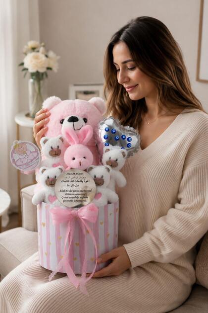 Baby Girl Welcome Gift Box – Plush Teddy Bear, Rabbit, and Plush Toy with Evil Eye Prayer, Newborn B