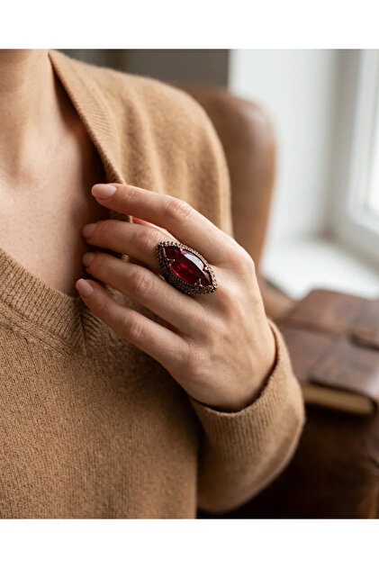 Bronze Women Ring Authentic Copper Jewelry Red Crystal Stone Shuttle Large Size Adjustable Vintage