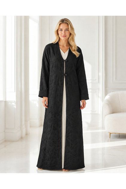 Women’s Black Textured Jacquard Full-Length Abaya with Toggle Closure
