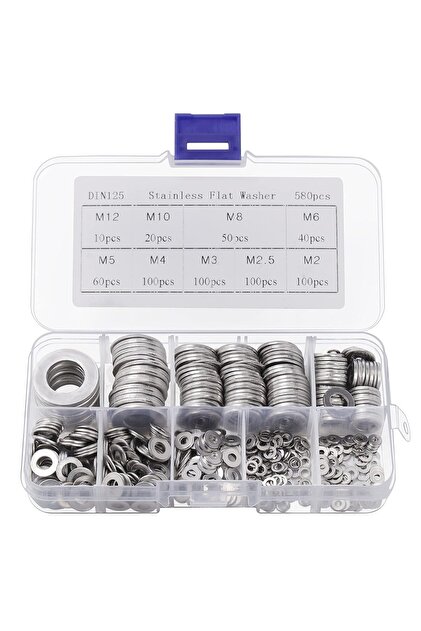 Set de 580 șaibe, din oțel inoxidabil, 9 dimensiuni M2–M12, cutie de depozitare, Argintiu