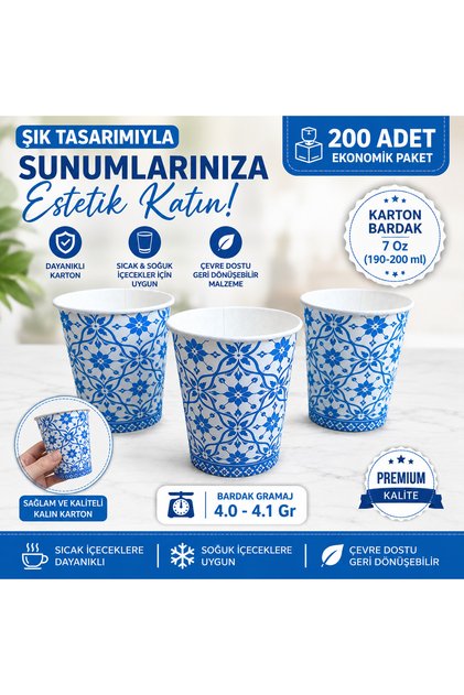 7 Oz Karton Bardak 200 Adet Mavi Çini Desen