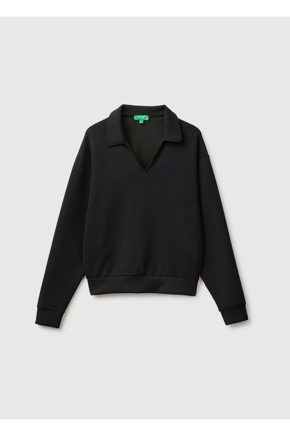 Women's Black Long Sleeve Polo Collar Top