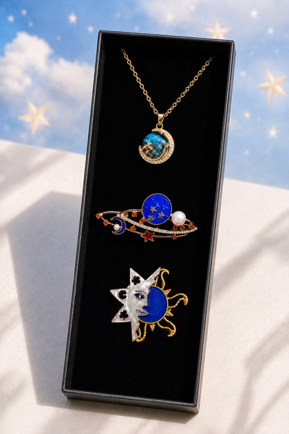 Sky-Themed Women's Jewelry Set – Moon Star Necklace and 2-Piece Brooch