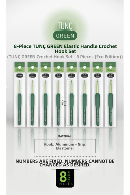 Tunç Green - Set of 8 - Wool Crochet Hooks with Elastic Handles - 8 Wool Crochet Hooks