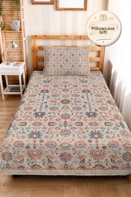 Ethnic Bohemian Cream Single Pique Set - Authentic Patterned 160X220 cm Quilted Bedspread