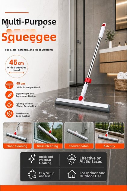 Luxury Telescopic Handle Glass Squeegee and Wiper | Glass, Tile, Shower Cabin and Floor Cleaning Tool | Adjustable Long Handle