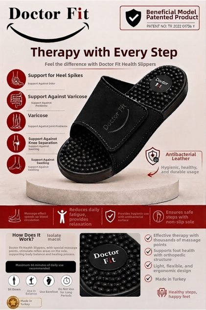 Size 37 Unisex Reflexology Relaxing, Acupuncture Massage Slippers Anti Bacterial Leather Black