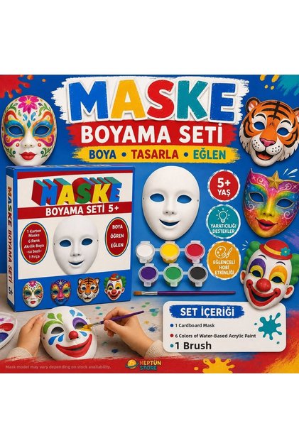 Children's Mask Painting Set Ages 5+ – 6 Colors Water-Based Acrylic Paint, Brush, and Cardboard Mask